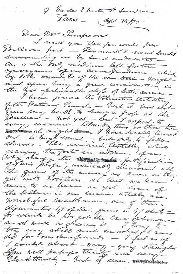Lettre de M. Mefsurier � Mme Simpson - 28 septembre 1870